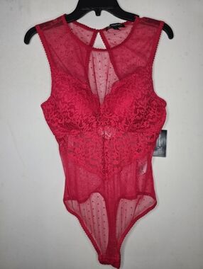 INC Cupped Lingerie Thong Bodysuit Swiss Dot Large Red